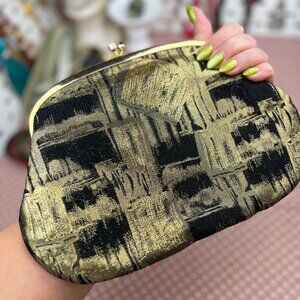 Vintage Koret Brocade Black & Gold Lamé Purse with 2 Built-in Wallets, RARE